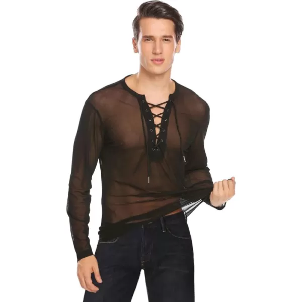 COOFANDY Mens Sexy Lace up See Through Long Sleeve T Shirt Mesh Undershirts