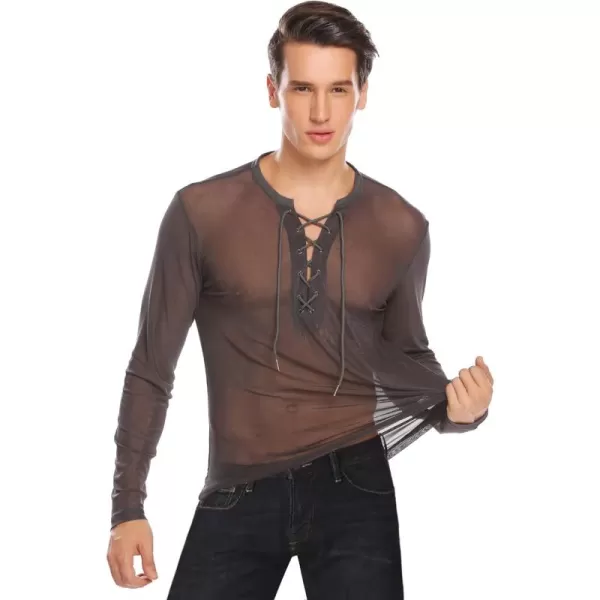 COOFANDY Mens Sexy Lace up See Through Long Sleeve T Shirt Mesh Undershirts