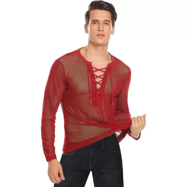 COOFANDY Mens Sexy Lace up See Through Long Sleeve T Shirt Mesh Undershirts