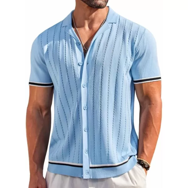COOFANDY Men's Short Sleeve Knit Shirt Casual Button Down Shirt Vintage Striped Knitted Golf Beach Tops