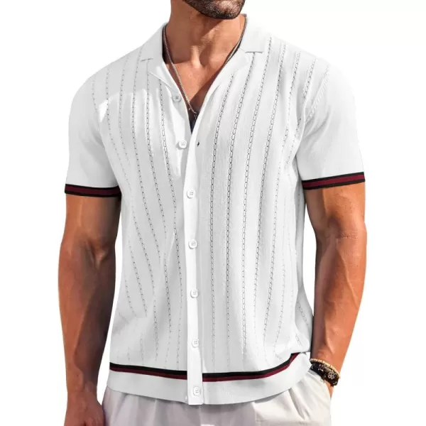 COOFANDY Men's Short Sleeve Knit Shirt Casual Button Down Shirt Vintage Striped Knitted Golf Beach Tops