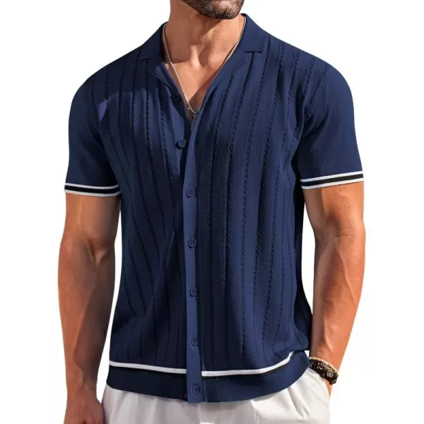 COOFANDY Men's Short Sleeve Knit Shirt Casual Button Down Shirt Vintage Striped Knitted Golf Beach Tops