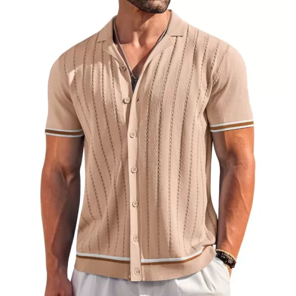 COOFANDY Men's Short Sleeve Knit Shirt Casual Button Down Shirt Vintage Striped Knitted Golf Beach Tops