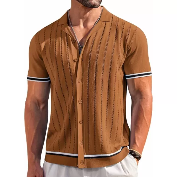 COOFANDY Men's Short Sleeve Knit Shirt Casual Button Down Shirt Vintage Striped Knitted Golf Beach Tops
