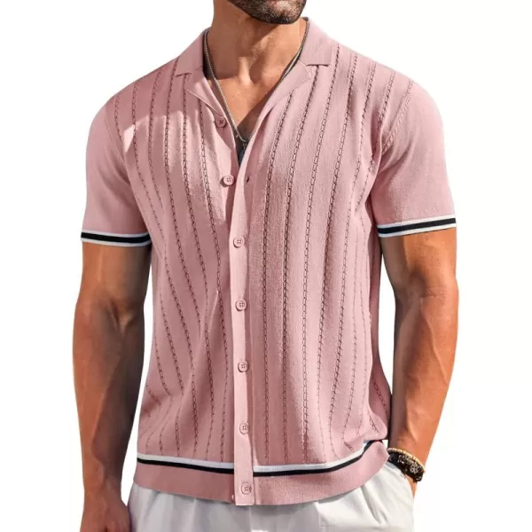 COOFANDY Men's Short Sleeve Knit Shirt Casual Button Down Shirt Vintage Striped Knitted Golf Beach Tops