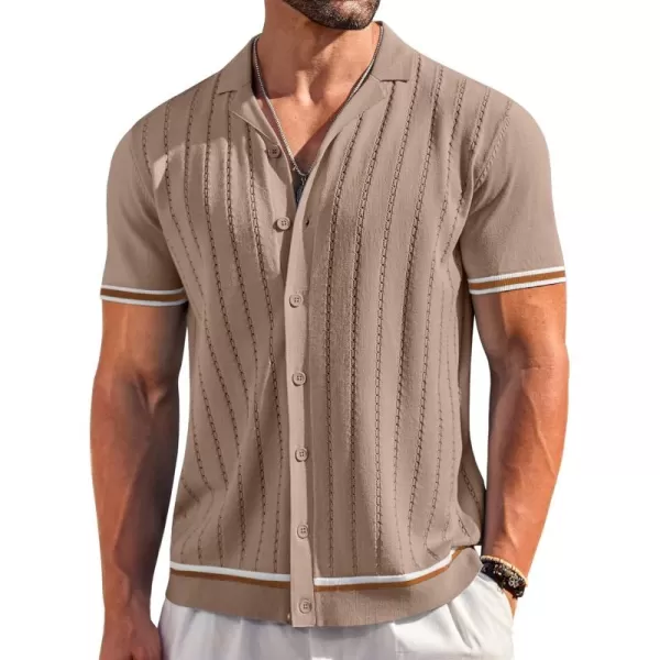 COOFANDY Men's Short Sleeve Knit Shirt Casual Button Down Shirt Vintage Striped Knitted Golf Beach Tops