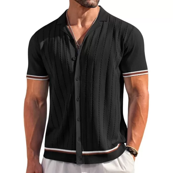COOFANDY Men's Short Sleeve Knit Shirt Casual Button Down Shirt Vintage Striped Knitted Golf Beach Tops