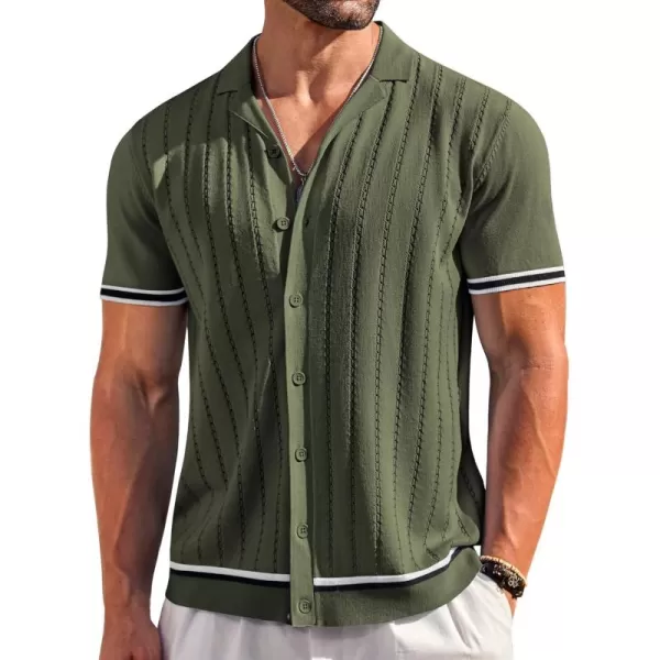 COOFANDY Men's Short Sleeve Knit Shirt Casual Button Down Shirt Vintage Striped Knitted Golf Beach Tops
