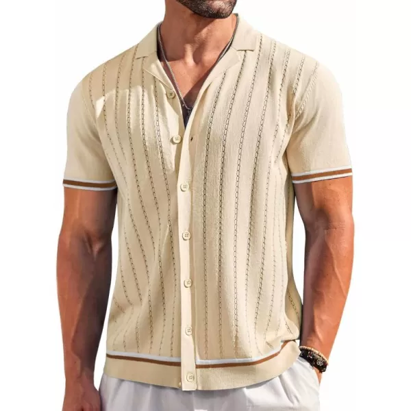 COOFANDY Men's Short Sleeve Knit Shirt Casual Button Down Shirt Vintage Striped Knitted Golf Beach Tops