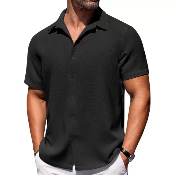 COOFANDY Mens Waffle Shirt Short Sleeve Button Down Shirts Casual Beach Vacation Shirts Textured Wrinkle Free Shirts