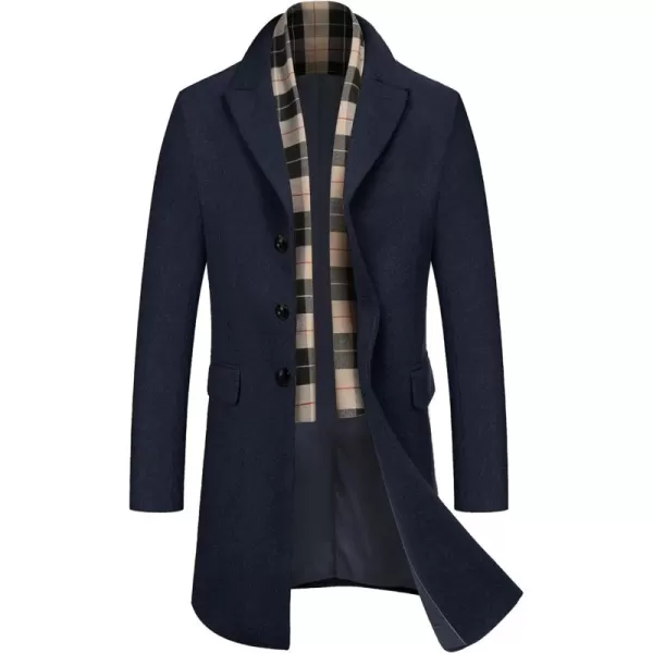 COOFANDY Men's Wool Blend Coat with Detachable Plaid Scarfs Notched Collar Single Breasted Pea Coat Trench Overcoat