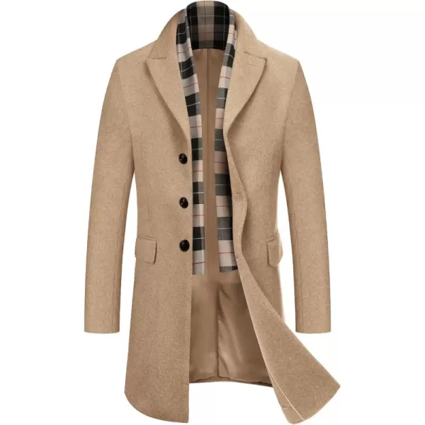 COOFANDY Men's Wool Blend Coat with Detachable Plaid Scarfs Notched Collar Single Breasted Pea Coat Trench Overcoat