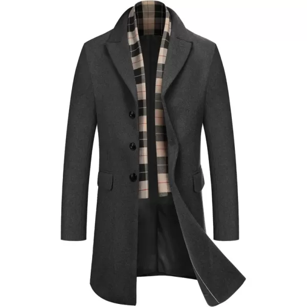 COOFANDY Men's Wool Blend Coat with Detachable Plaid Scarfs Notched Collar Single Breasted Pea Coat Trench Overcoat