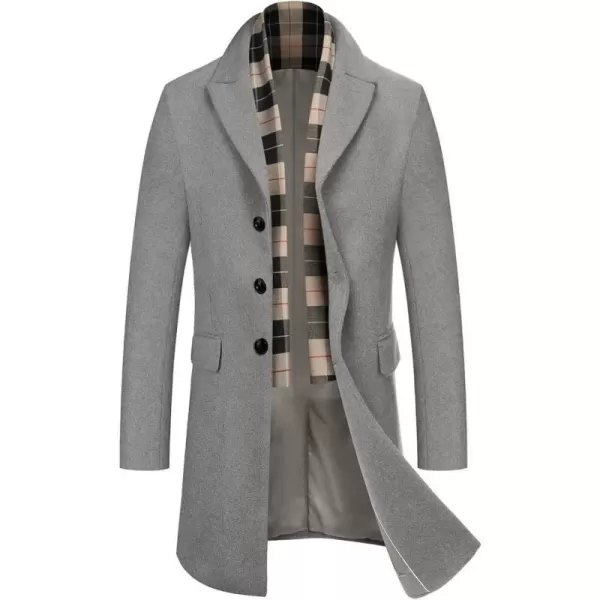 COOFANDY Men's Wool Blend Coat with Detachable Plaid Scarfs Notched Collar Single Breasted Pea Coat Trench Overcoat