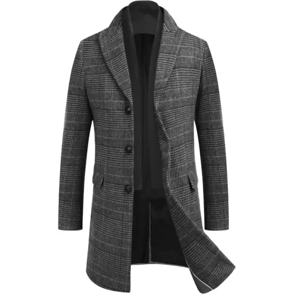 COOFANDY Men's Wool Blend Coat with Detachable Plaid Scarfs Notched Collar Single Breasted Pea Coat Trench Overcoat