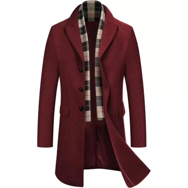 COOFANDY Men's Wool Blend Coat with Detachable Plaid Scarfs Notched Collar Single Breasted Pea Coat Trench Overcoat