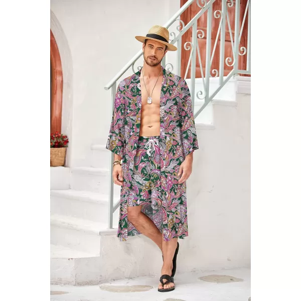 COOFANDY Men Lightweight 2 Piece Kimono Robe with Shorts Japanese 3/4 Sleeve Robes Casual Open Front Long Cardigan With Belt)