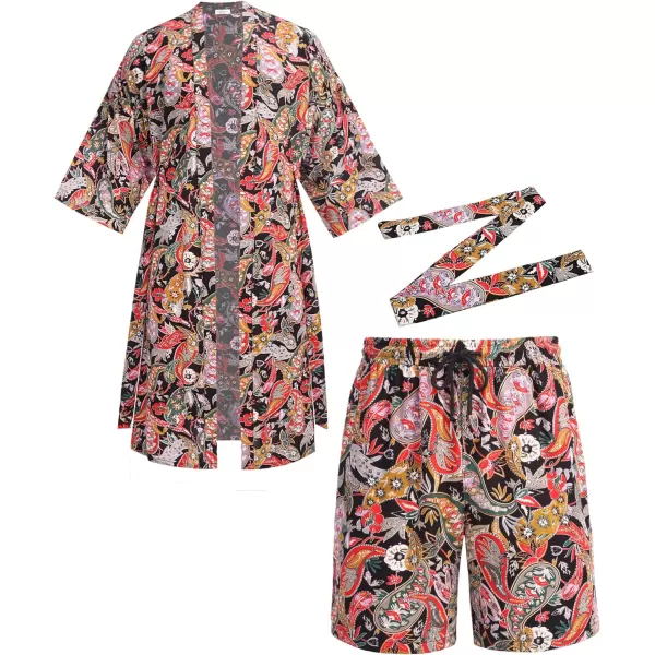 COOFANDY Men Lightweight 2 Piece Kimono Robe with Shorts Japanese 3/4 Sleeve Robes Casual Open Front Long Cardigan With Belt)
