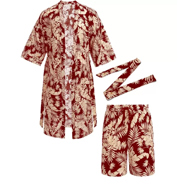 COOFANDY Men Lightweight 2 Piece Kimono Robe with Shorts Japanese 3/4 Sleeve Robes Casual Open Front Long Cardigan With Belt)