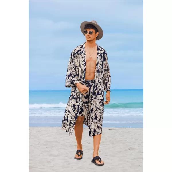 COOFANDY Men Lightweight 2 Piece Kimono Robe with Shorts Japanese 3/4 Sleeve Robes Casual Open Front Long Cardigan With Belt)