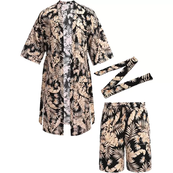 COOFANDY Men Lightweight 2 Piece Kimono Robe with Shorts Japanese 3/4 Sleeve Robes Casual Open Front Long Cardigan With Belt)