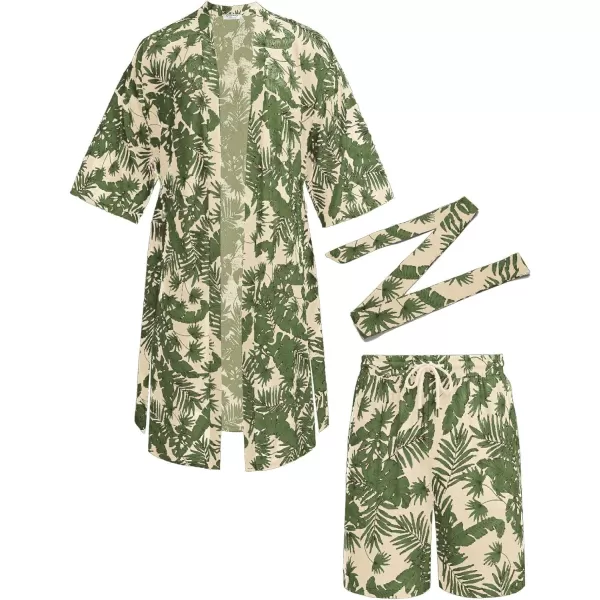 COOFANDY Men Lightweight 2 Piece Kimono Robe with Shorts Japanese 3/4 Sleeve Robes Casual Open Front Long Cardigan With Belt)