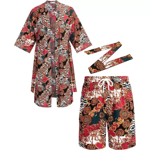 COOFANDY Men Lightweight 2 Piece Kimono Robe with Shorts Japanese 3/4 Sleeve Robes Casual Open Front Long Cardigan With Belt)