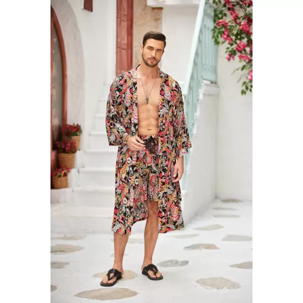 COOFANDY Men Lightweight 2 Piece Kimono Robe with Shorts Japanese 3/4 Sleeve Robes Casual Open Front Long Cardigan With Belt)