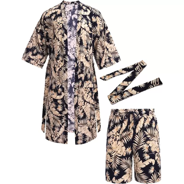 COOFANDY Men Lightweight 2 Piece Kimono Robe with Shorts Japanese 3/4 Sleeve Robes Casual Open Front Long Cardigan With Belt)