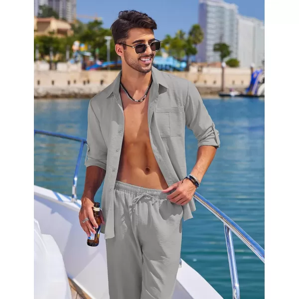 COOFANDY Men's 2 Piece Linen Sets Casual Long Sleeve Button Down Cuban Shirt and Loose Pants Set Beach Vacation Outfits