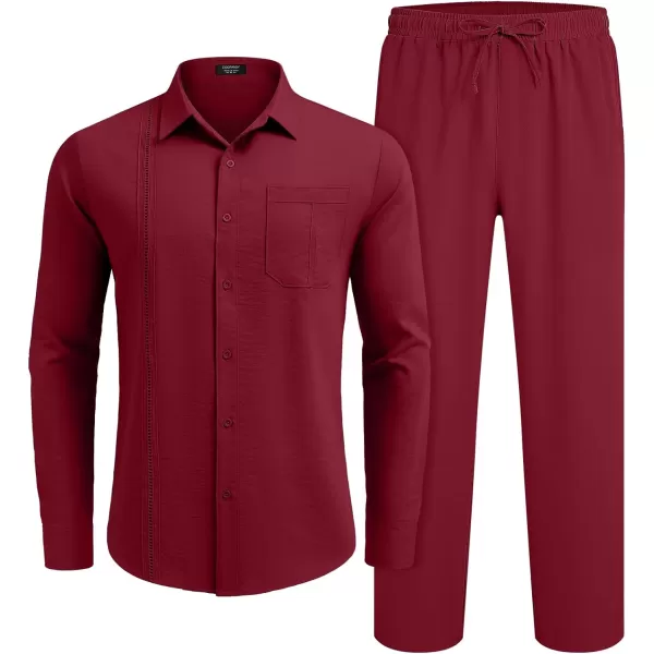 COOFANDY Men's 2 Piece Linen Sets Casual Long Sleeve Button Down Cuban Shirt and Loose Pants Set Beach Vacation Outfits