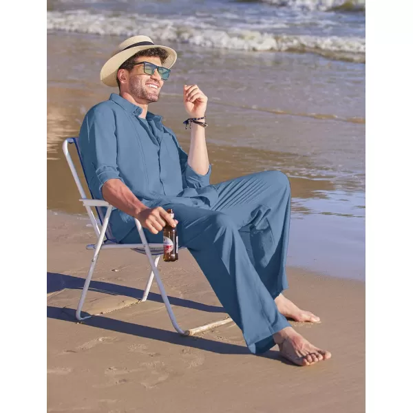 COOFANDY Men's 2 Piece Linen Sets Casual Long Sleeve Button Down Cuban Shirt and Loose Pants Set Beach Vacation Outfits