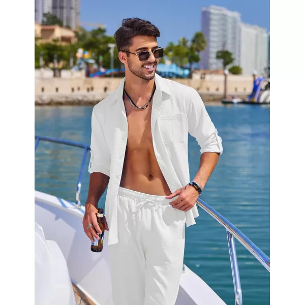 COOFANDY Men's 2 Piece Linen Sets Casual Long Sleeve Button Down Cuban Shirt and Loose Pants Set Beach Vacation Outfits