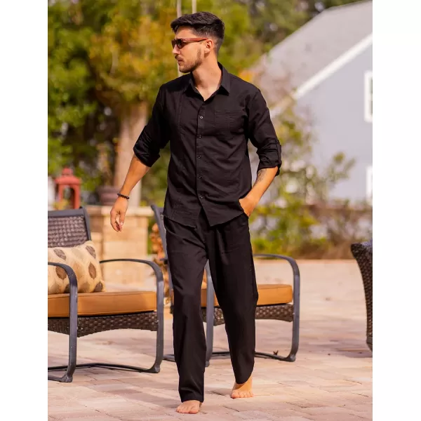 COOFANDY Men's 2 Piece Linen Sets Casual Long Sleeve Button Down Cuban Shirt and Loose Pants Set Beach Vacation Outfits