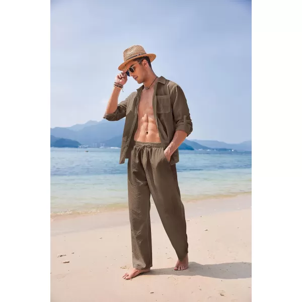 COOFANDY Men's 2 Piece Linen Sets Casual Long Sleeve Button Down Cuban Shirt and Loose Pants Set Beach Vacation Outfits