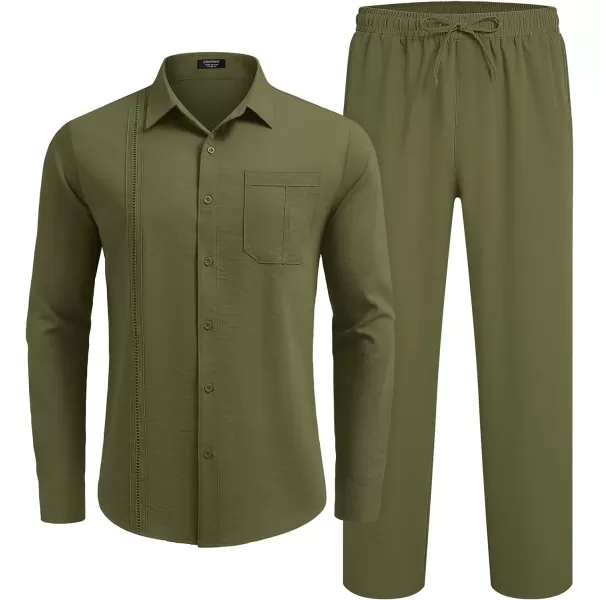 COOFANDY Men's 2 Piece Linen Sets Casual Long Sleeve Button Down Cuban Shirt and Loose Pants Set Beach Vacation Outfits