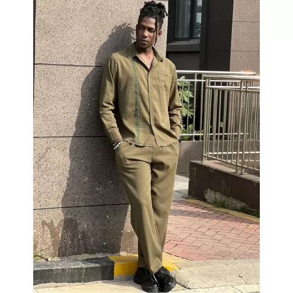 COOFANDY Men's 2 Piece Linen Sets Casual Long Sleeve Button Down Cuban Shirt and Loose Pants Set Beach Vacation Outfits