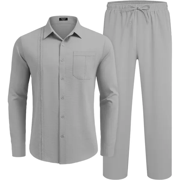 COOFANDY Men's 2 Piece Linen Sets Casual Long Sleeve Button Down Cuban Shirt and Loose Pants Set Beach Vacation Outfits