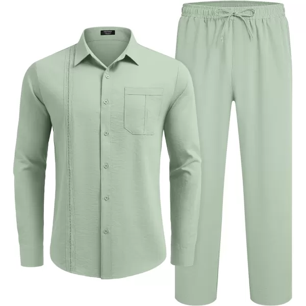 COOFANDY Men's 2 Piece Linen Sets Casual Long Sleeve Button Down Cuban Shirt and Loose Pants Set Beach Vacation Outfits