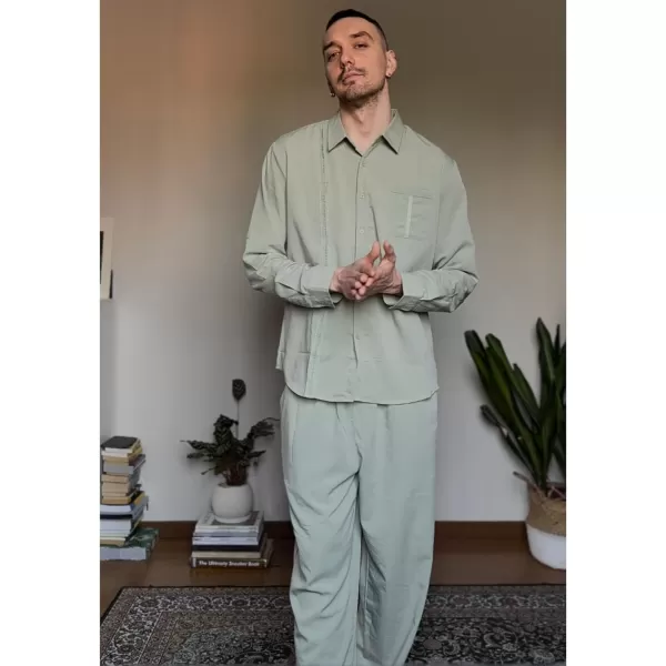 COOFANDY Men's 2 Piece Linen Sets Casual Long Sleeve Button Down Cuban Shirt and Loose Pants Set Beach Vacation Outfits