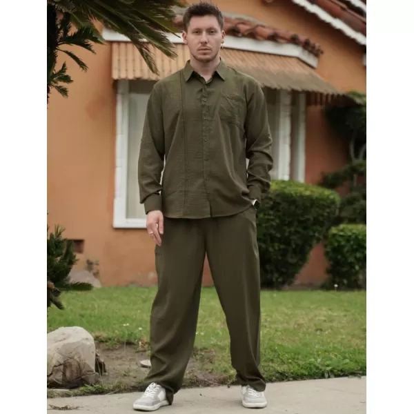 COOFANDY Men's 2 Piece Linen Sets Casual Long Sleeve Button Down Cuban Shirt and Loose Pants Set Beach Vacation Outfits