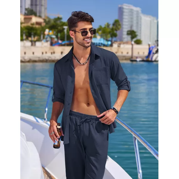 COOFANDY Men's 2 Piece Linen Sets Casual Long Sleeve Button Down Cuban Shirt and Loose Pants Set Beach Vacation Outfits