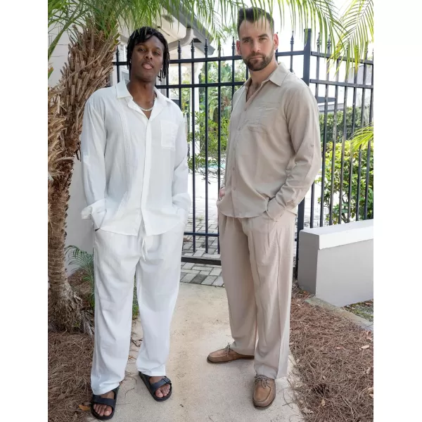 COOFANDY Men's 2 Piece Linen Sets Casual Long Sleeve Button Down Cuban Shirt and Loose Pants Set Beach Vacation Outfits