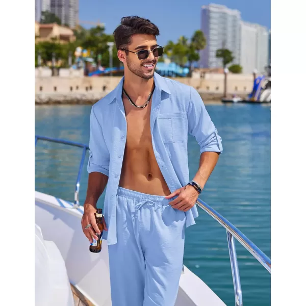 COOFANDY Men's 2 Piece Linen Sets Casual Long Sleeve Button Down Cuban Shirt and Loose Pants Set Beach Vacation Outfits