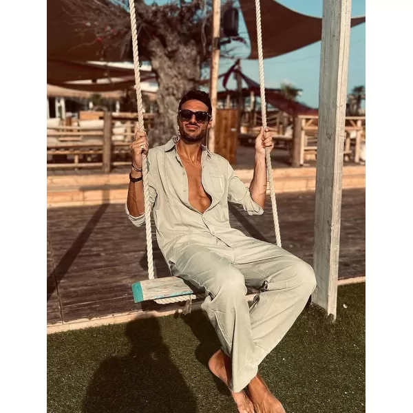 COOFANDY Men's 2 Piece Linen Sets Casual Long Sleeve Button Down Cuban Shirt and Loose Pants Set Beach Vacation Outfits