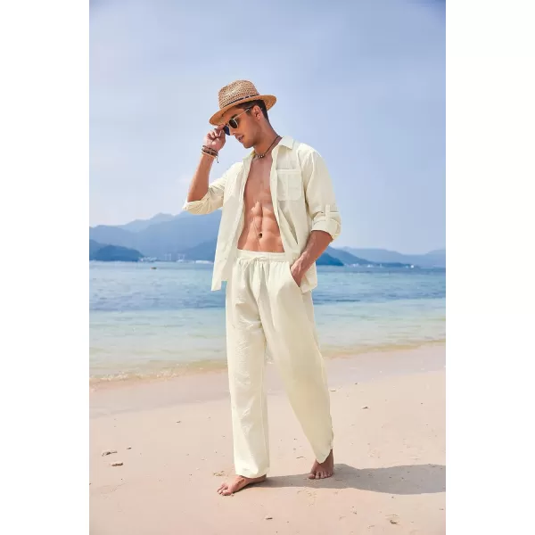 COOFANDY Men's 2 Piece Linen Sets Casual Long Sleeve Button Down Cuban Shirt and Loose Pants Set Beach Vacation Outfits