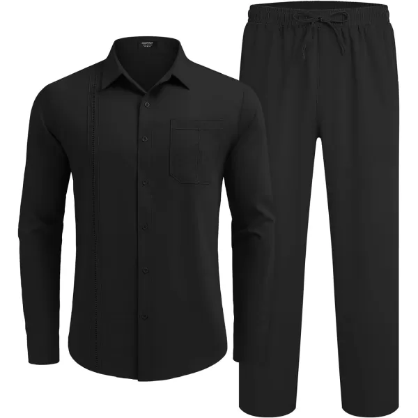 COOFANDY Men's 2 Piece Linen Sets Casual Long Sleeve Button Down Cuban Shirt and Loose Pants Set Beach Vacation Outfits