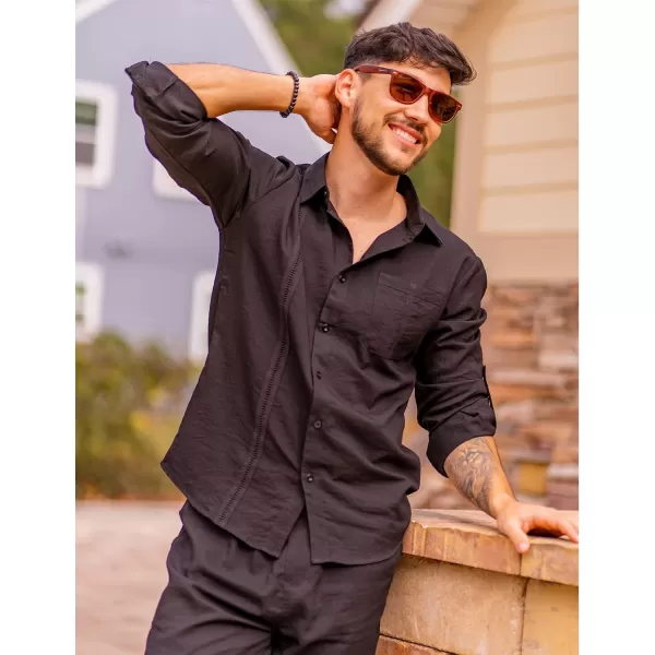 COOFANDY Men's 2 Piece Linen Sets Casual Long Sleeve Button Down Cuban Shirt and Loose Pants Set Beach Vacation Outfits