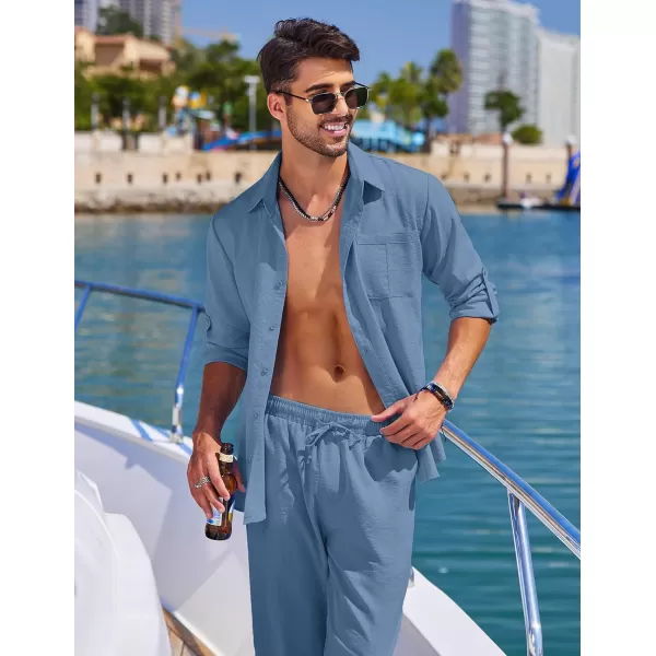 COOFANDY Men's 2 Piece Linen Sets Casual Long Sleeve Button Down Cuban Shirt and Loose Pants Set Beach Vacation Outfits