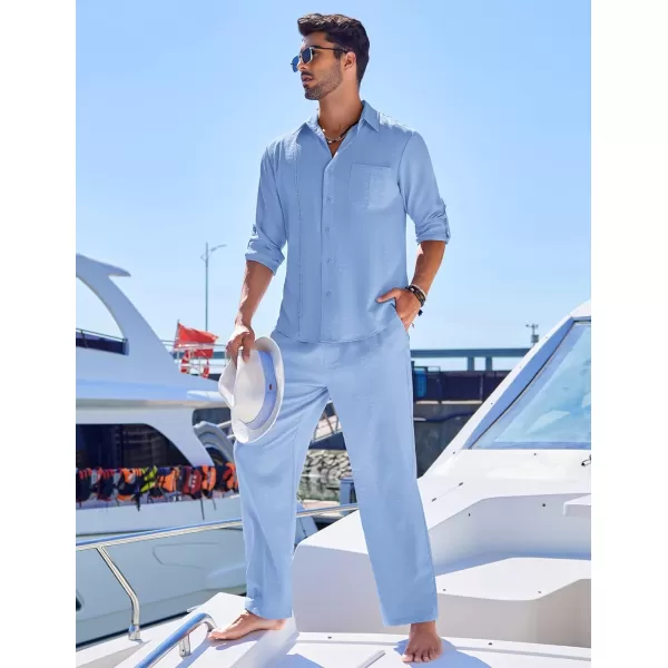 COOFANDY Men's 2 Piece Linen Sets Casual Long Sleeve Button Down Cuban Shirt and Loose Pants Set Beach Vacation Outfits